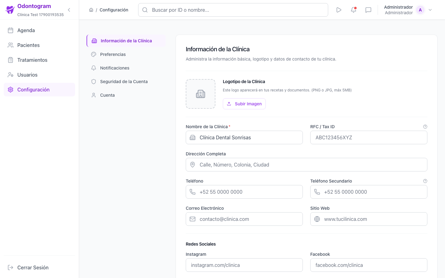 Clinic settings screen on desktop