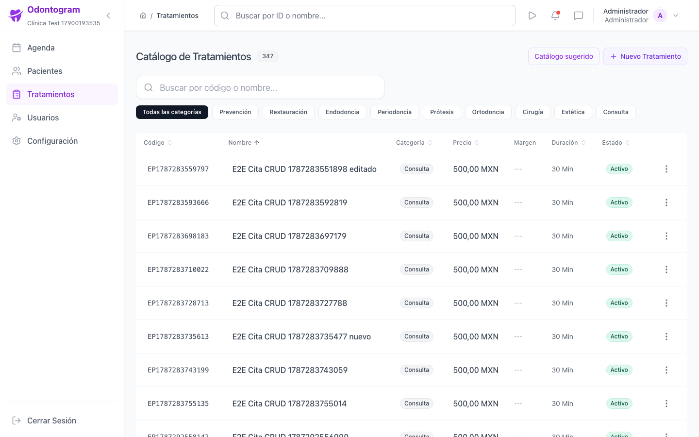 Treatment catalog on desktop with a search box and filters
