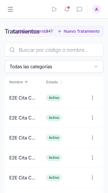 Treatment catalog on a mobile phone